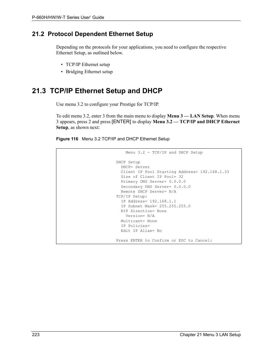 2 protocol dependent ethernet setup, 3 tcp/ip ethernet setup and dhcp, Figure 116 menu 3.2 tcp/ip and dhcp ethernet setup | ZyXEL Communications ADSL 2+ Gateway P-660HW-T1 User Manual | Page 223 / 465