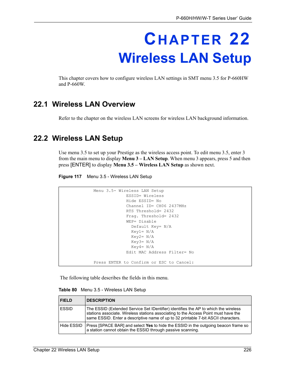 Wireless lan setup, 1 wireless lan overview, 2 wireless lan setup | Chapter 22 wireless lan setup, 1 wireless lan overview 22.2 wireless lan setup, Figure 117 menu 3.5 - wireless lan setup, Table 80 menu 3.5 - wireless lan setup | ZyXEL Communications ADSL 2+ Gateway P-660HW-T1 User Manual | Page 226 / 465