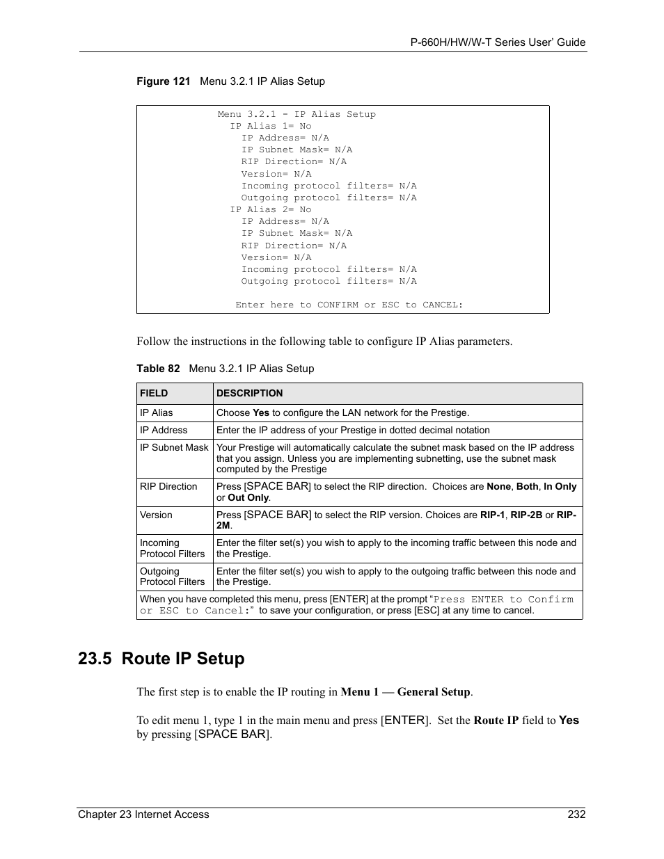 5 route ip setup, Figure 121 menu 3.2.1 ip alias setup, Table 82 menu 3.2.1 ip alias setup | ZyXEL Communications ADSL 2+ Gateway P-660HW-T1 User Manual | Page 232 / 465