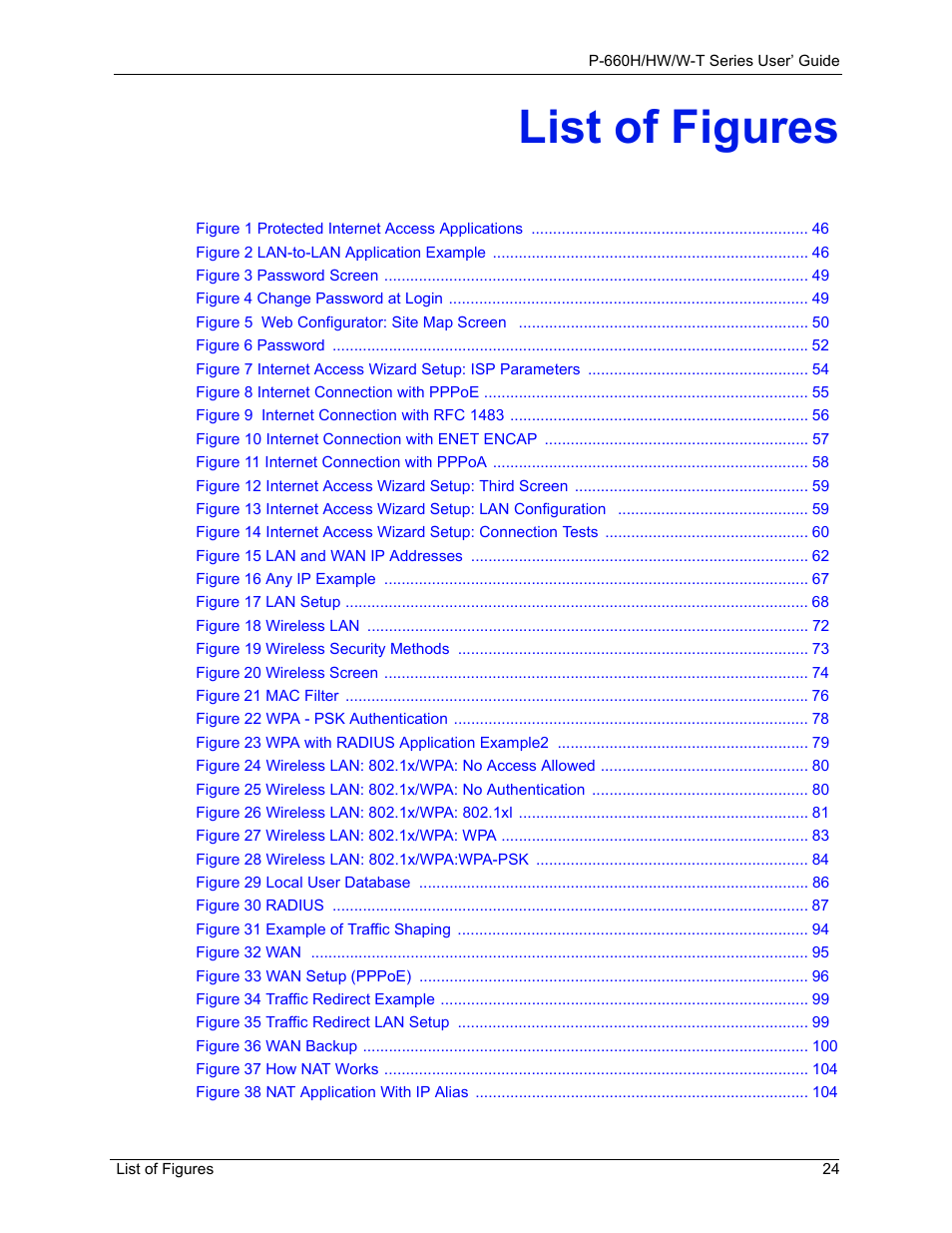 List of figures | ZyXEL Communications ADSL 2+ Gateway P-660HW-T1 User Manual | Page 24 / 465