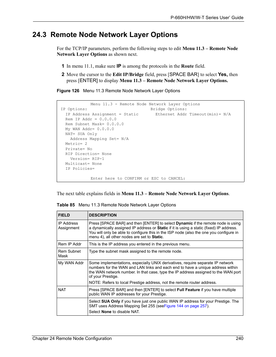 3 remote node network layer options | ZyXEL Communications ADSL 2+ Gateway P-660HW-T1 User Manual | Page 240 / 465