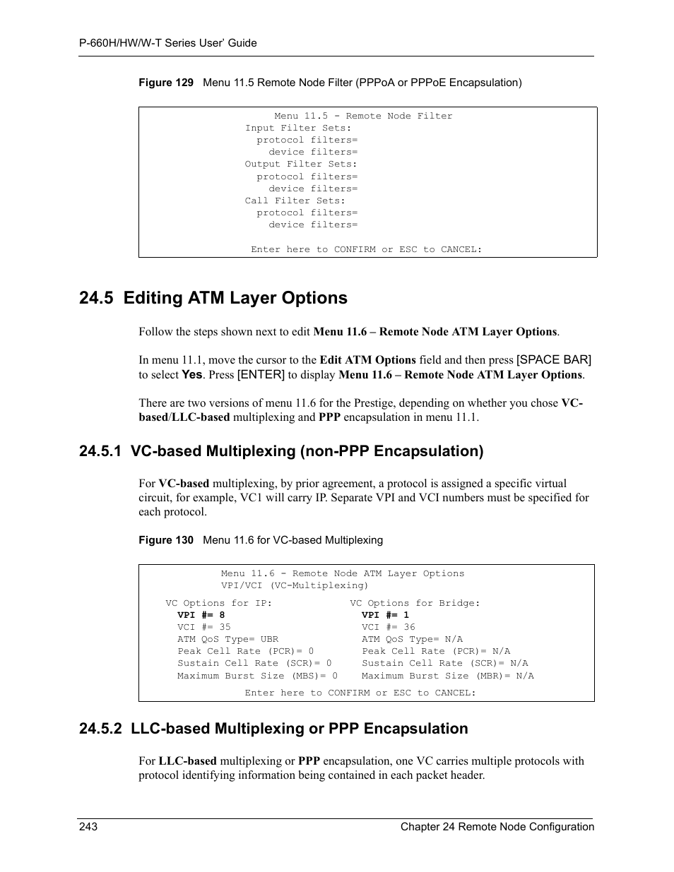 5 editing atm layer options, 1 vc-based multiplexing (non-ppp encapsulation), 2 llc-based multiplexing or ppp encapsulation | ZyXEL Communications ADSL 2+ Gateway P-660HW-T1 User Manual | Page 243 / 465