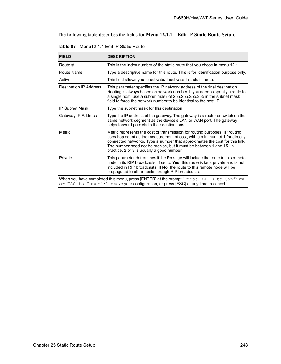 Table 87 menu12.1.1 edit ip static route | ZyXEL Communications ADSL 2+ Gateway P-660HW-T1 User Manual | Page 248 / 465