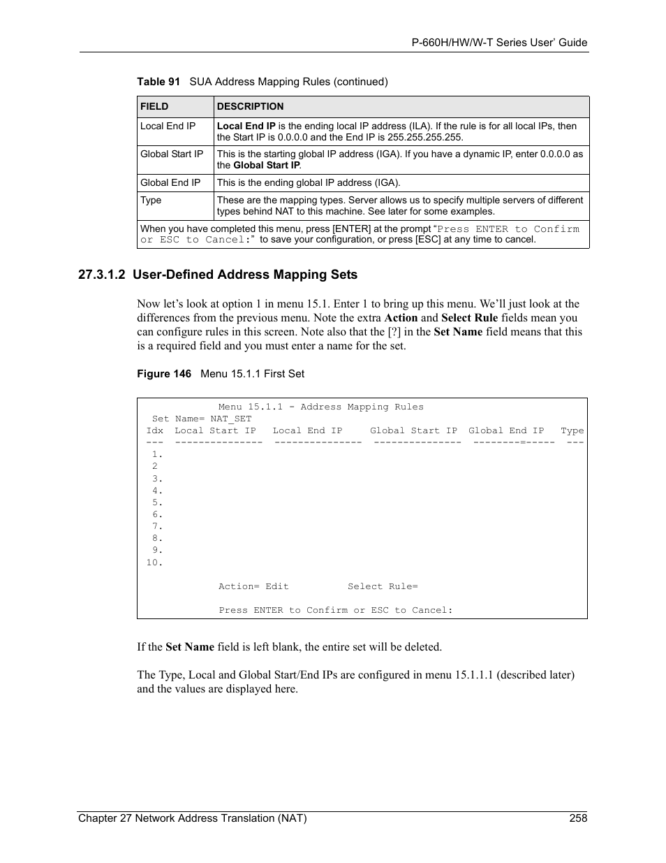 2 user-defined address mapping sets, Figure 146 menu 15.1.1 first set | ZyXEL Communications ADSL 2+ Gateway P-660HW-T1 User Manual | Page 258 / 465