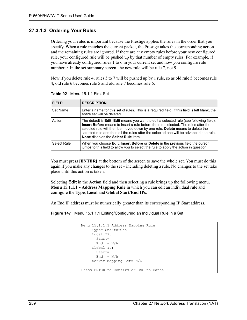3 ordering your rules, Table 92 menu 15.1.1 first set | ZyXEL Communications ADSL 2+ Gateway P-660HW-T1 User Manual | Page 259 / 465