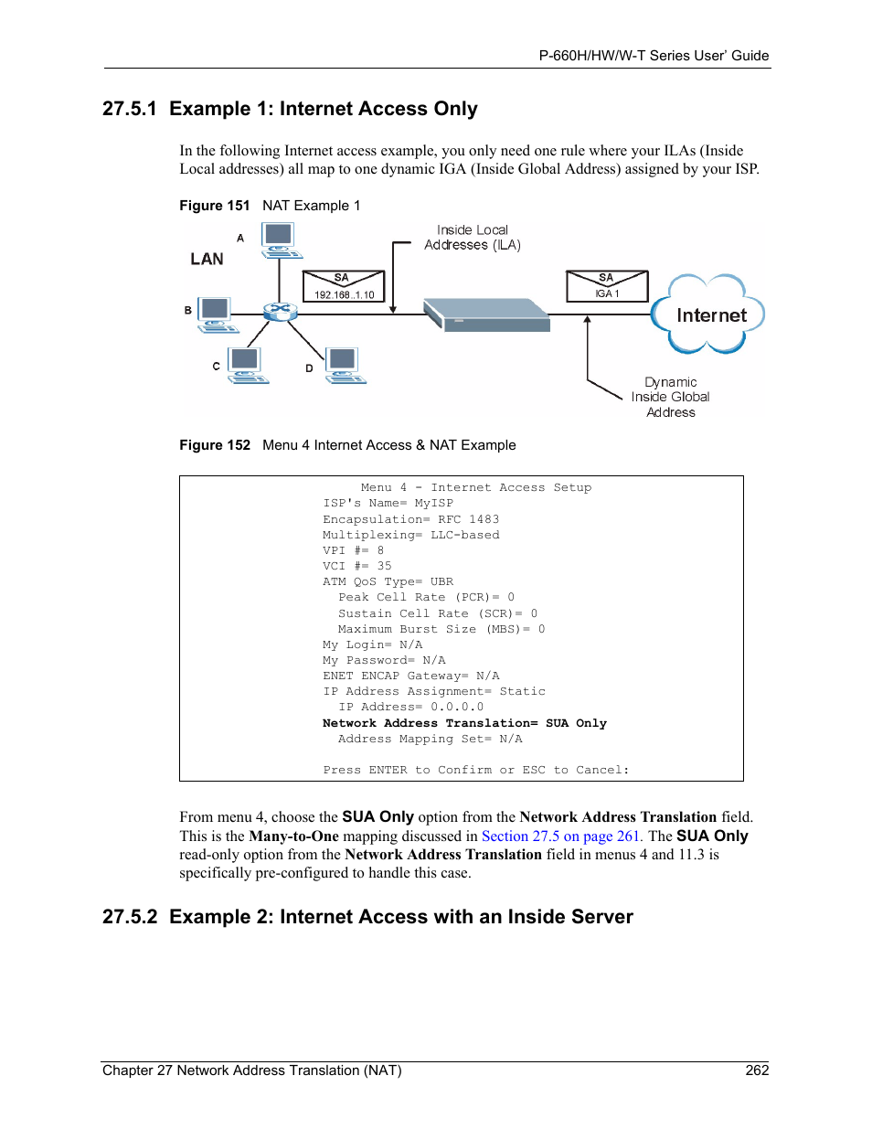 1 example 1: internet access only, 2 example 2: internet access with an inside server | ZyXEL Communications ADSL 2+ Gateway P-660HW-T1 User Manual | Page 262 / 465