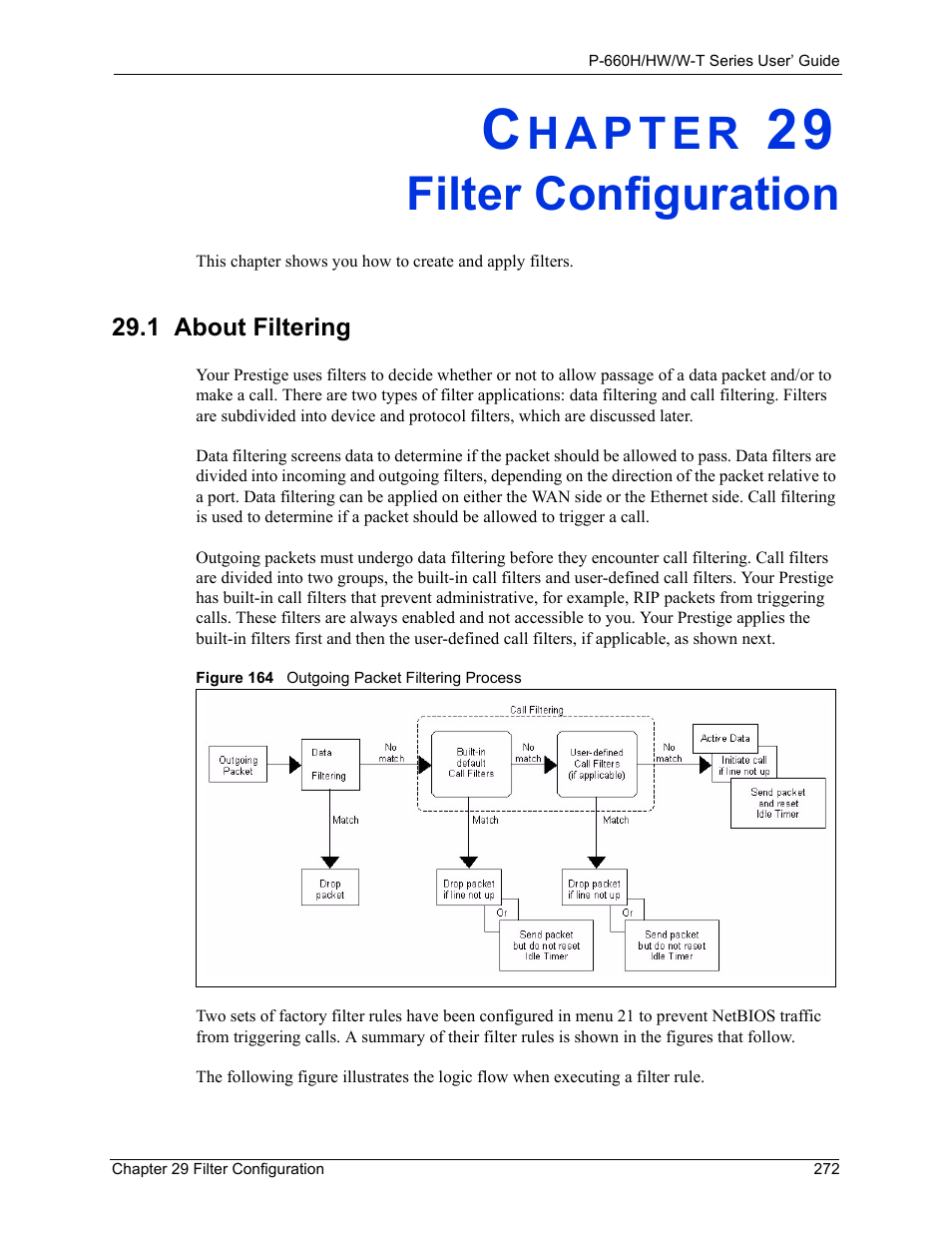 Filter configuration, 1 about filtering, Chapter 29 filter configuration | Figure 164 outgoing packet filtering process | ZyXEL Communications ADSL 2+ Gateway P-660HW-T1 User Manual | Page 272 / 465
