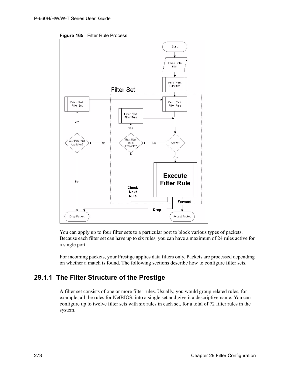 1 the filter structure of the prestige, Figure 165 filter rule process | ZyXEL Communications ADSL 2+ Gateway P-660HW-T1 User Manual | Page 273 / 465