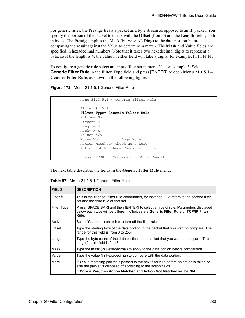 Figure 172 menu 21.1.5.1 generic filter rule, Table 97 menu 21.1.5.1 generic filter rule | ZyXEL Communications ADSL 2+ Gateway P-660HW-T1 User Manual | Page 280 / 465