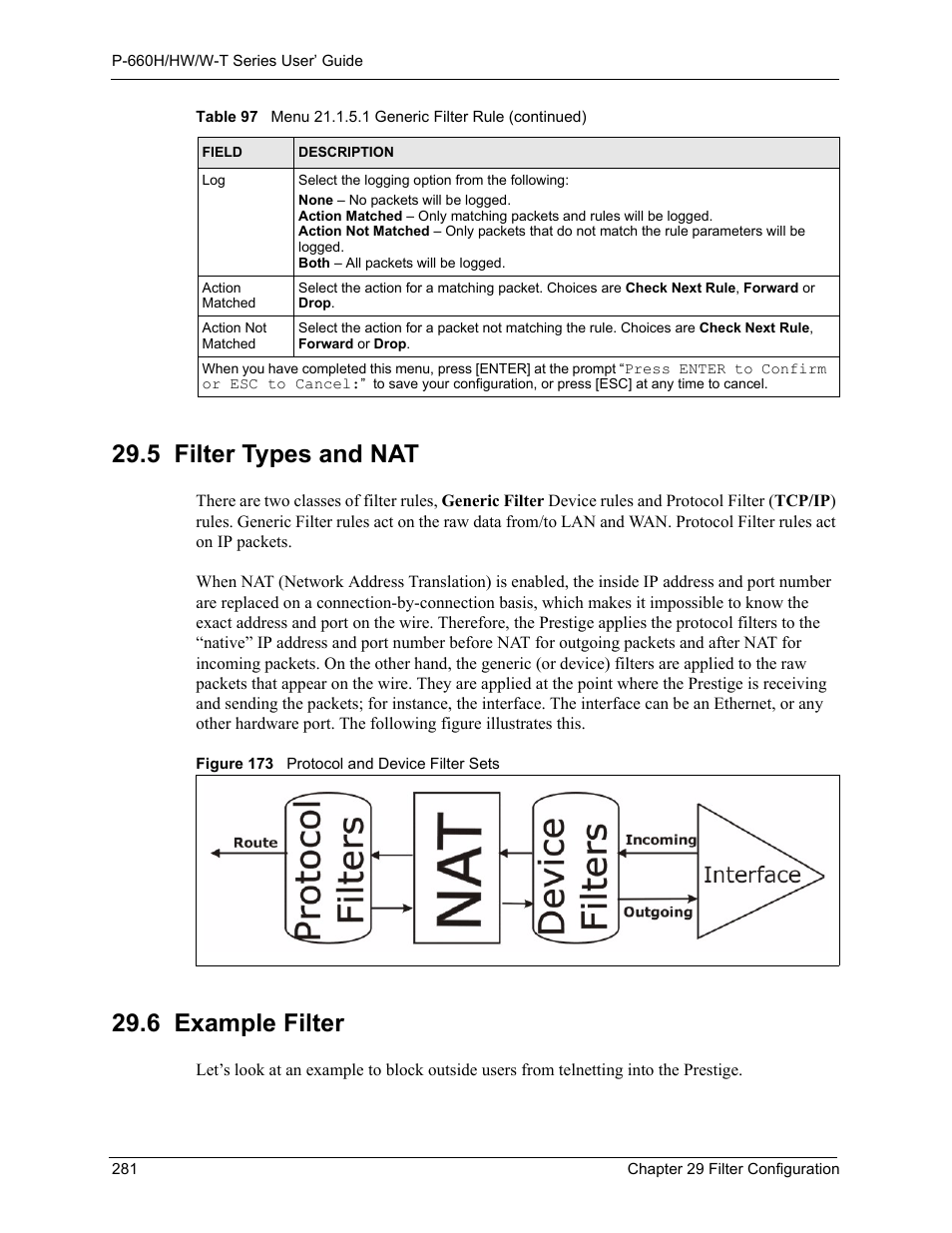 5 filter types and nat, 6 example filter, 5 filter types and nat 29.6 example filter | Figure 173 protocol and device filter sets | ZyXEL Communications ADSL 2+ Gateway P-660HW-T1 User Manual | Page 281 / 465