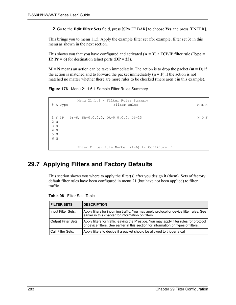 7 applying filters and factory defaults, Table 98 filter sets table | ZyXEL Communications ADSL 2+ Gateway P-660HW-T1 User Manual | Page 283 / 465