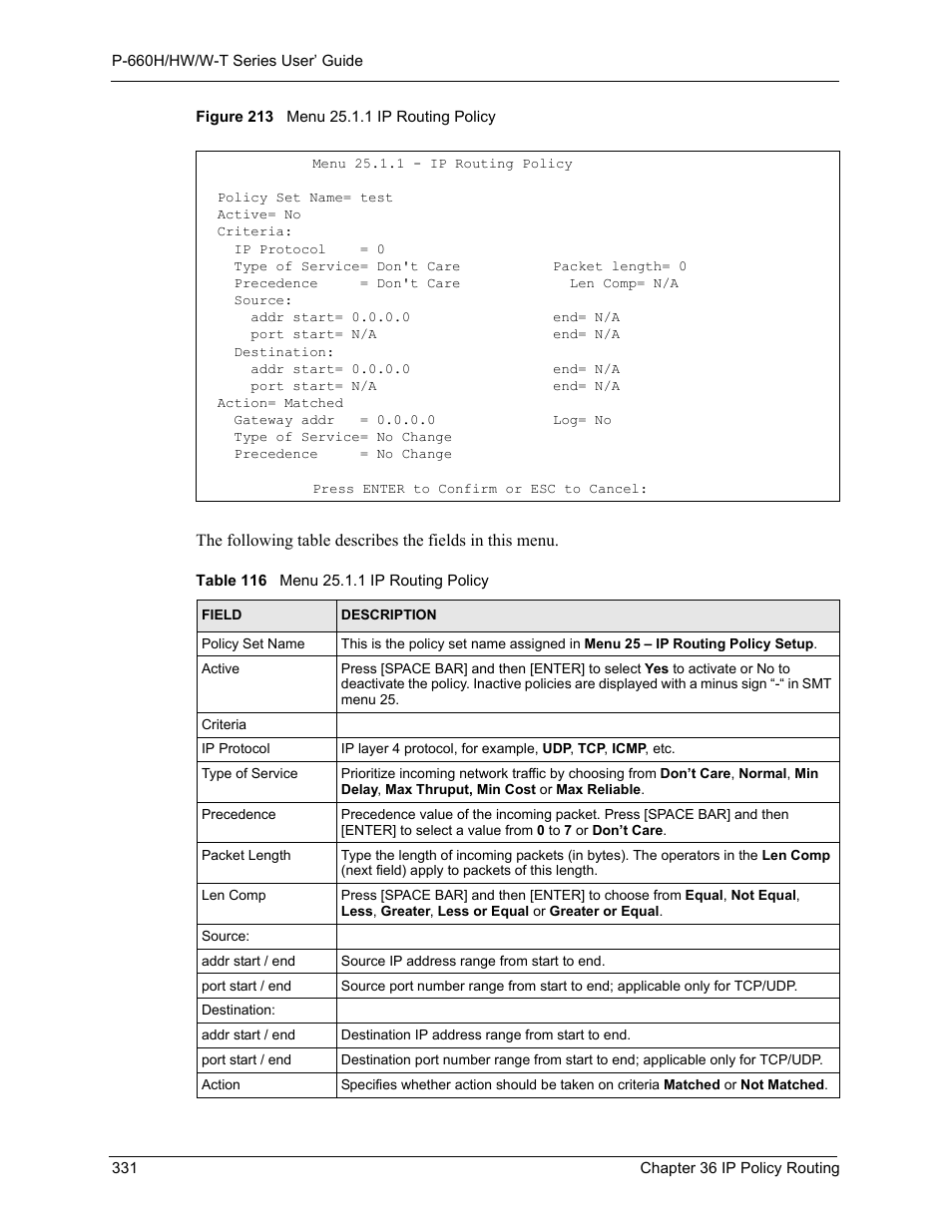 Figure 213 menu 25.1.1 ip routing policy, Table 116 menu 25.1.1 ip routing policy | ZyXEL Communications ADSL 2+ Gateway P-660HW-T1 User Manual | Page 331 / 465