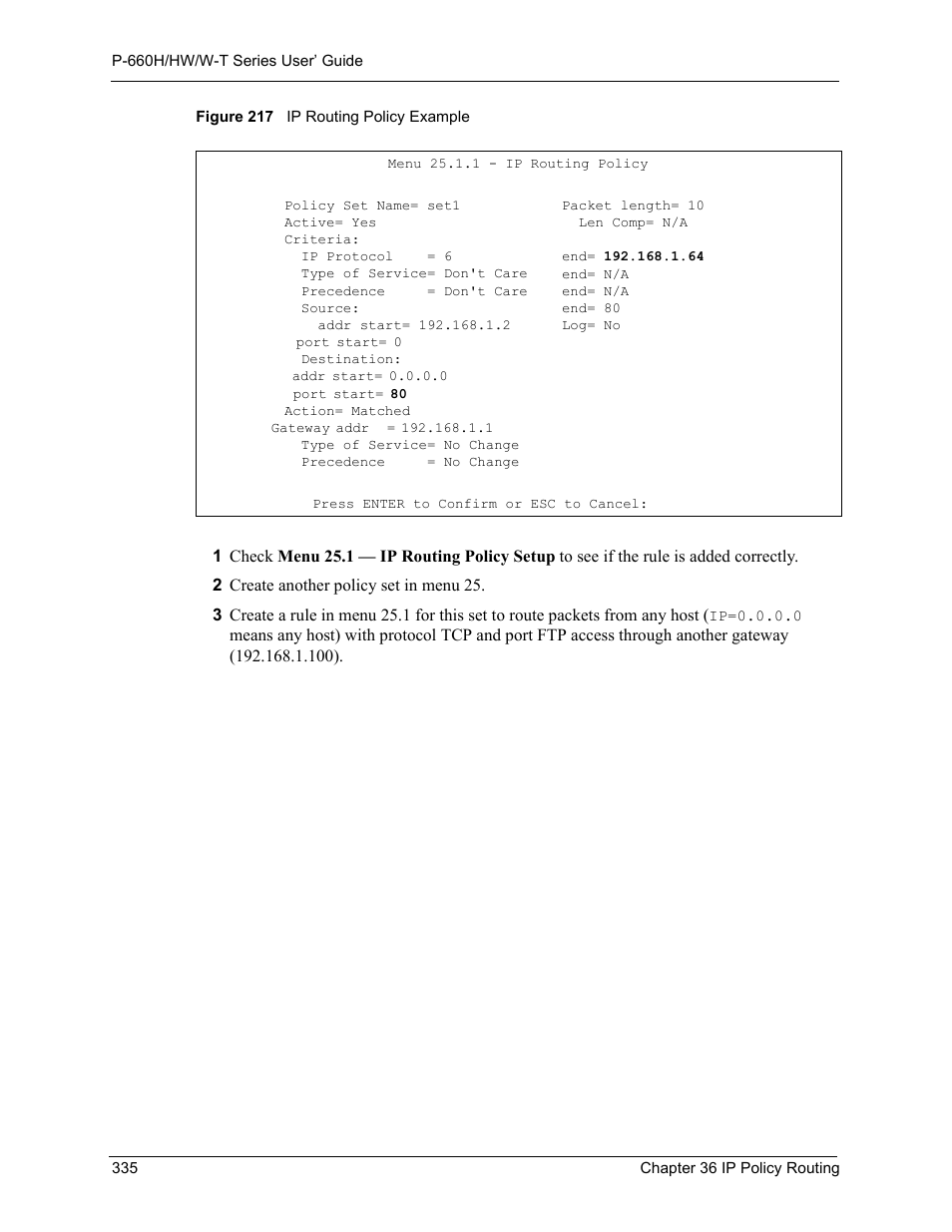 Figure 217 ip routing policy example | ZyXEL Communications ADSL 2+ Gateway P-660HW-T1 User Manual | Page 335 / 465