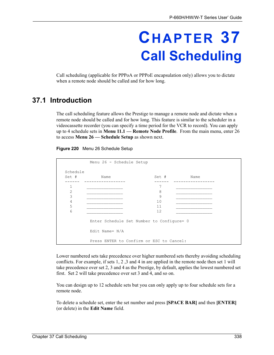 Call scheduling, 1 introduction, Chapter 37 call scheduling | Figure 220 menu 26 schedule setup, R to, Chapter 37 on | ZyXEL Communications ADSL 2+ Gateway P-660HW-T1 User Manual | Page 338 / 465
