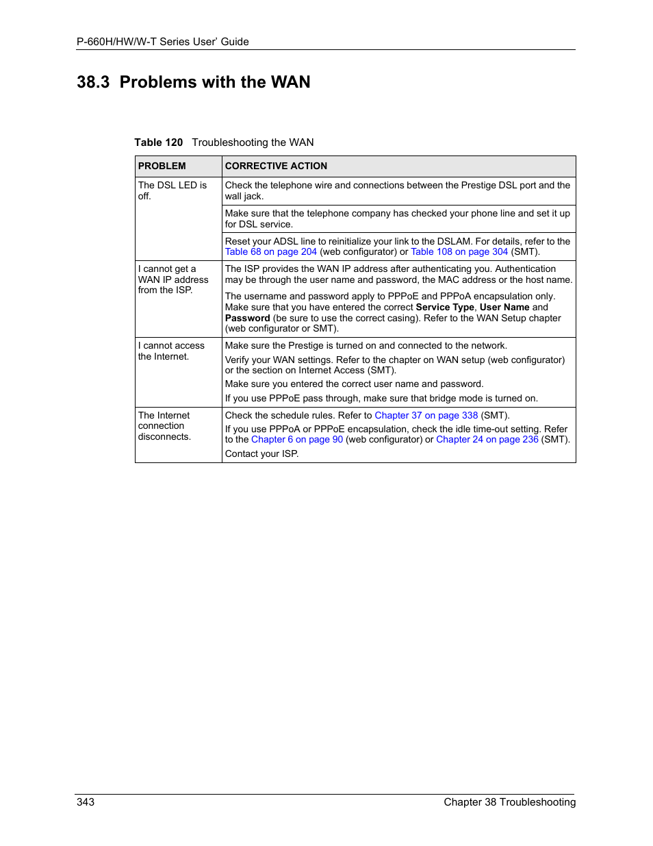 3 problems with the wan, Table 120 troubleshooting the wan | ZyXEL Communications ADSL 2+ Gateway P-660HW-T1 User Manual | Page 343 / 465