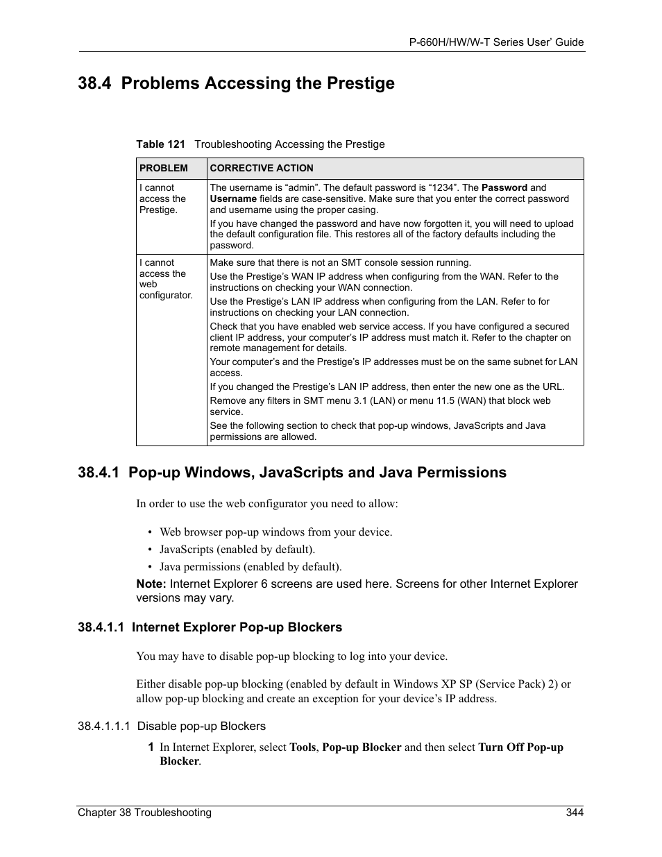 4 problems accessing the prestige, 1 pop-up windows, javascripts and java permissions, 1 internet explorer pop-up blockers | Table 121 troubleshooting accessing the prestige | ZyXEL Communications ADSL 2+ Gateway P-660HW-T1 User Manual | Page 344 / 465