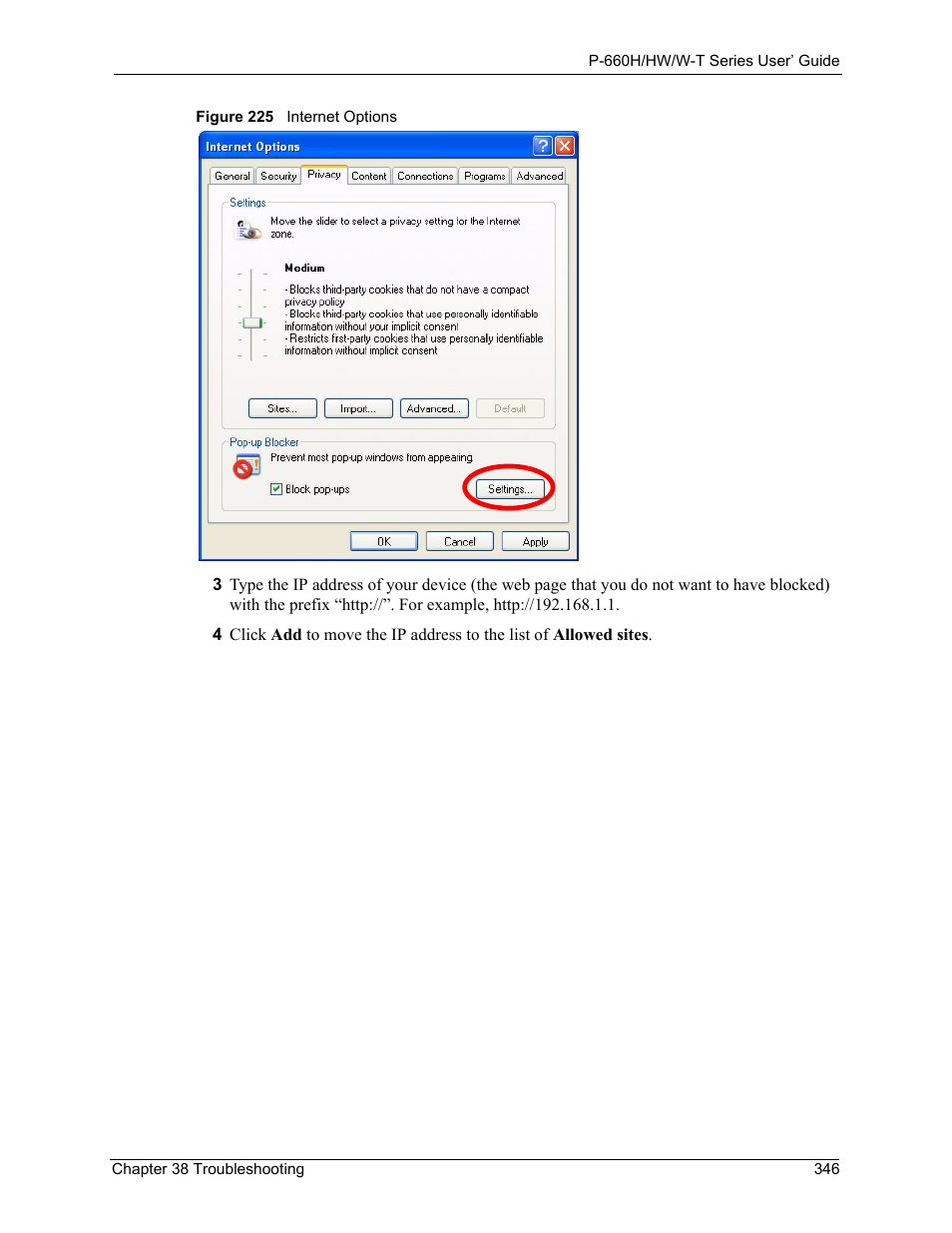 Figure 225 internet options | ZyXEL Communications ADSL 2+ Gateway P-660HW-T1 User Manual | Page 346 / 465