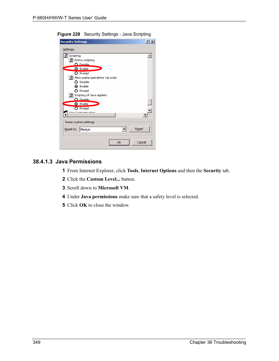 3 java permissions, Figure 228 security settings - java scripting | ZyXEL Communications ADSL 2+ Gateway P-660HW-T1 User Manual | Page 349 / 465