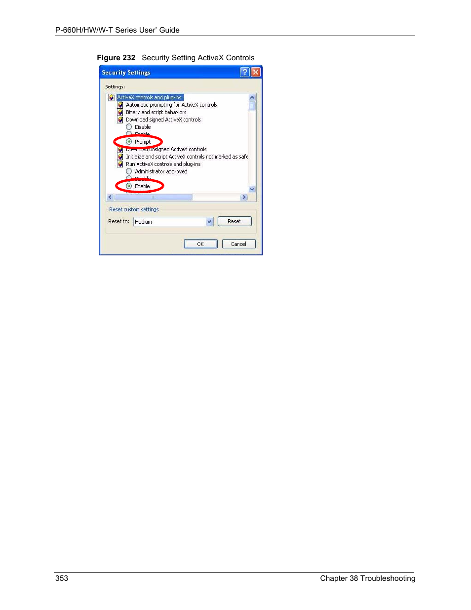 Figure 232 security setting activex controls | ZyXEL Communications ADSL 2+ Gateway P-660HW-T1 User Manual | Page 353 / 465