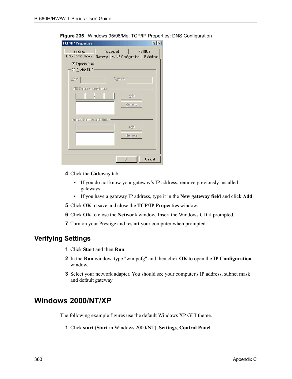 Windows 2000/nt/xp, Verifying settings | ZyXEL Communications ADSL 2+ Gateway P-660HW-T1 User Manual | Page 363 / 465