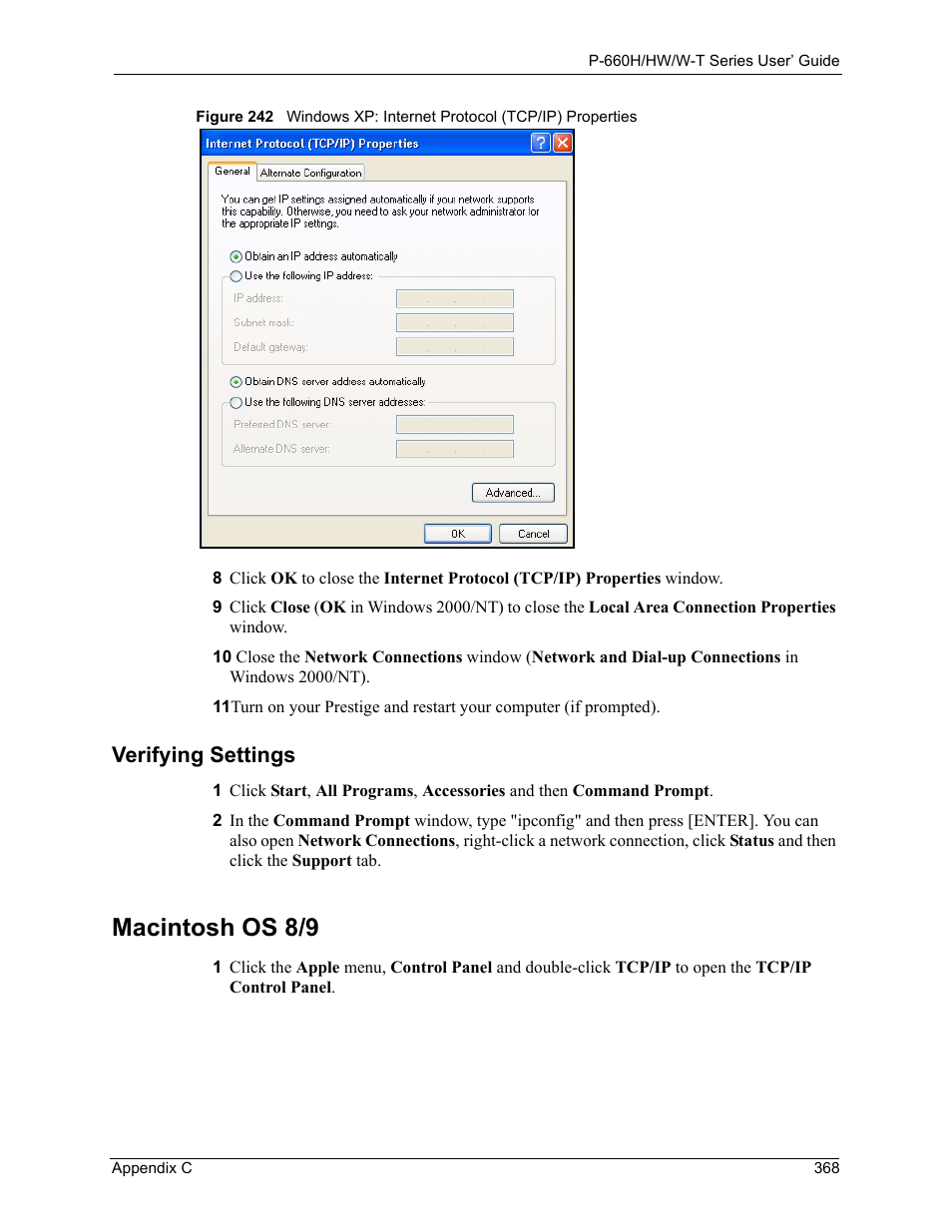 Macintosh os 8/9, Verifying settings | ZyXEL Communications ADSL 2+ Gateway P-660HW-T1 User Manual | Page 368 / 465