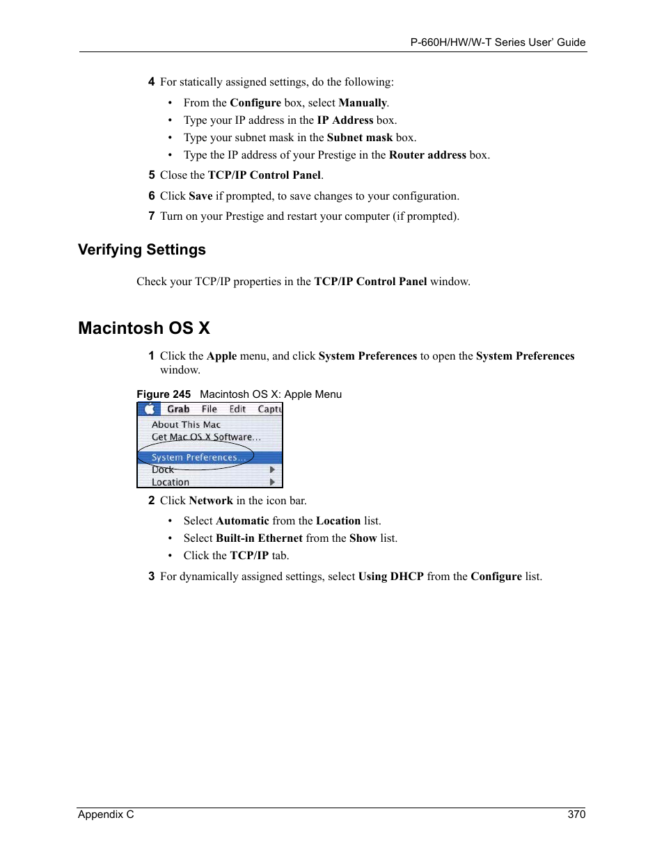 Macintosh os x, Figure 245 macintosh os x: apple menu, Verifying settings | ZyXEL Communications ADSL 2+ Gateway P-660HW-T1 User Manual | Page 370 / 465