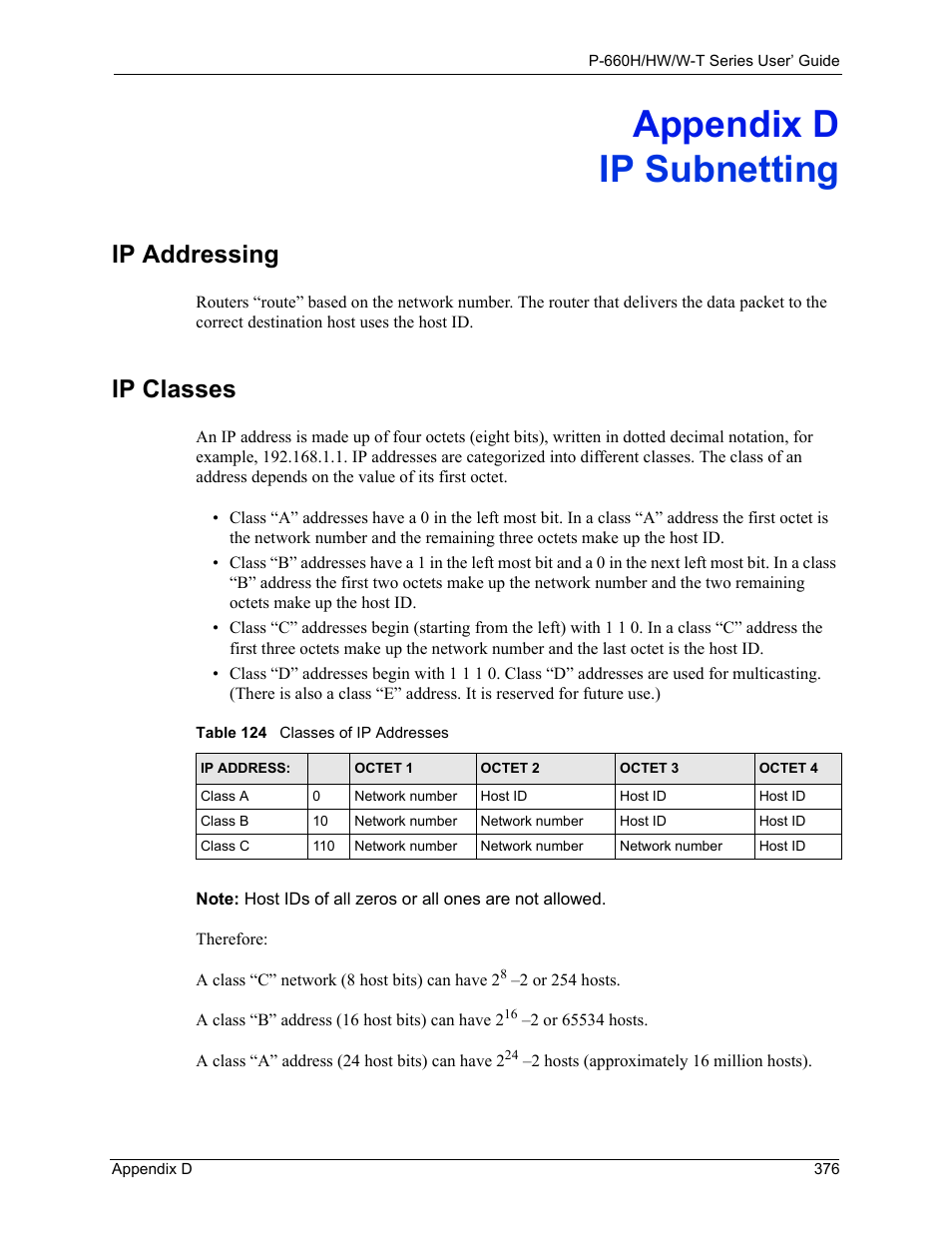 Ip subnetting, Appendix d ip subnetting, Ip addressing ip classes | Table 124 classes of ip addresses, Ip addressing, Ip classes | ZyXEL Communications ADSL 2+ Gateway P-660HW-T1 User Manual | Page 376 / 465