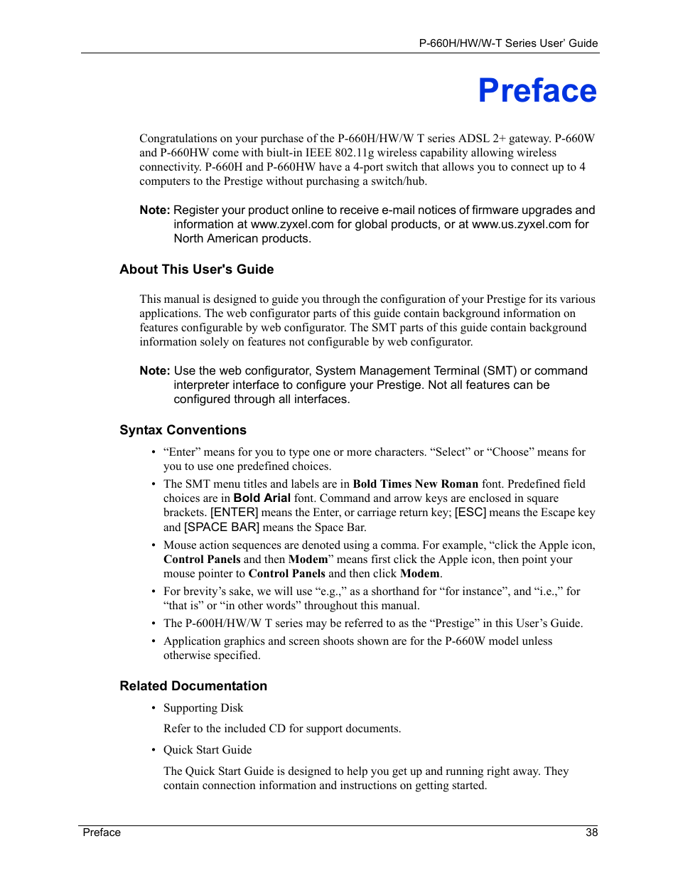 Preface | ZyXEL Communications ADSL 2+ Gateway P-660HW-T1 User Manual | Page 38 / 465