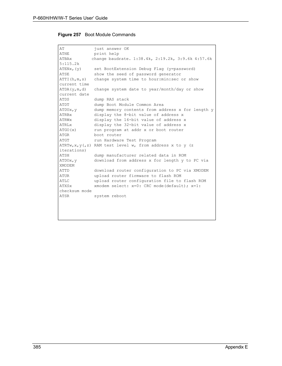 Figure 257 boot module commands | ZyXEL Communications ADSL 2+ Gateway P-660HW-T1 User Manual | Page 385 / 465