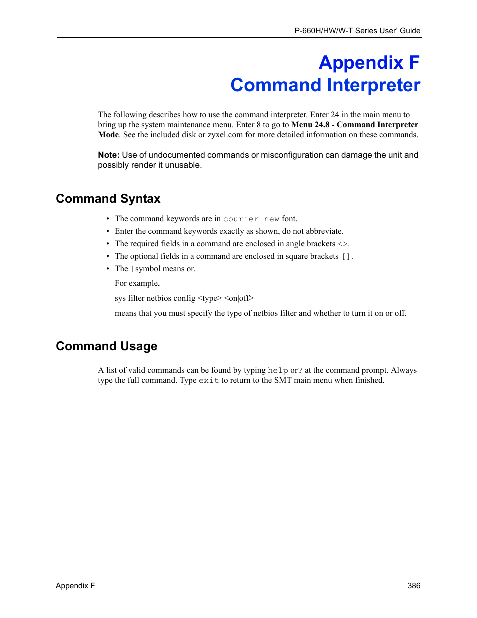 Command interpreter, Appendix f command interpreter, Command syntax | Command usage | ZyXEL Communications ADSL 2+ Gateway P-660HW-T1 User Manual | Page 386 / 465