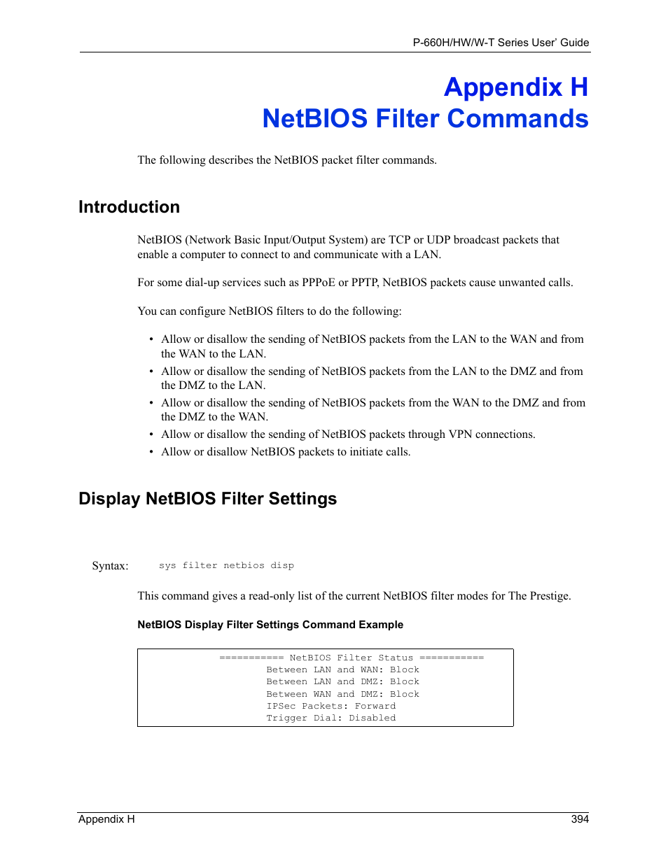 Netbios filter commands, Appendix h netbios filter commands, Introduction display netbios filter settings | Introduction, Display netbios filter settings | ZyXEL Communications ADSL 2+ Gateway P-660HW-T1 User Manual | Page 394 / 465