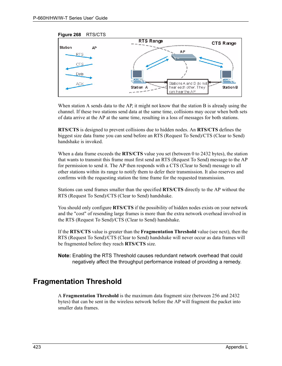 Fragmentation threshold, Figure 268 rts/cts | ZyXEL Communications ADSL 2+ Gateway P-660HW-T1 User Manual | Page 423 / 465