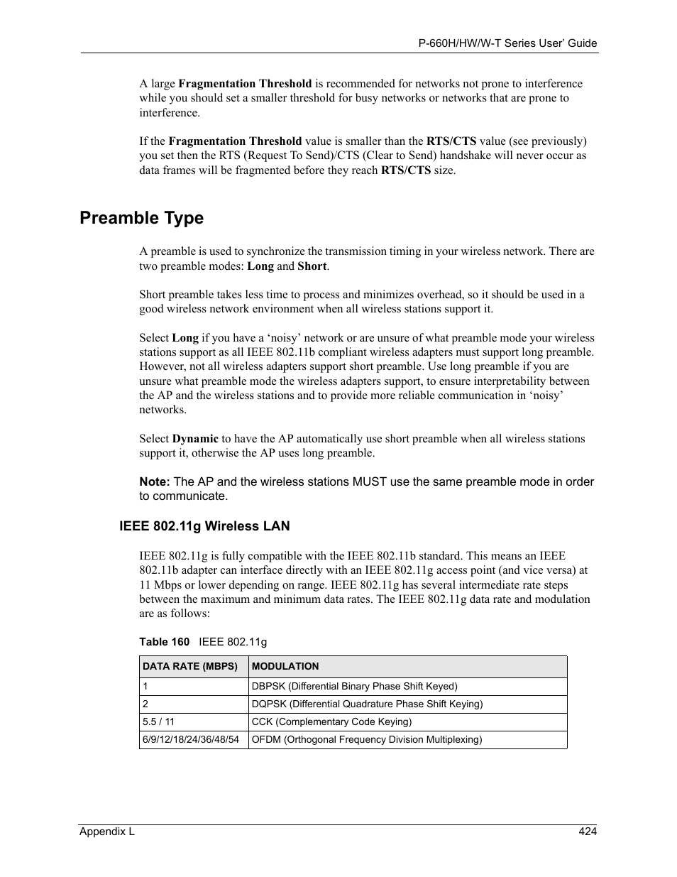 Preamble type, Table 160 ieee 802.11g | ZyXEL Communications ADSL 2+ Gateway P-660HW-T1 User Manual | Page 424 / 465