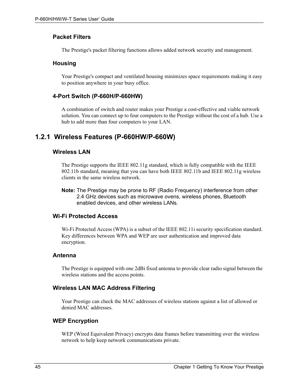1 wireless features (p-660hw/p-660w) | ZyXEL Communications ADSL 2+ Gateway P-660HW-T1 User Manual | Page 45 / 465