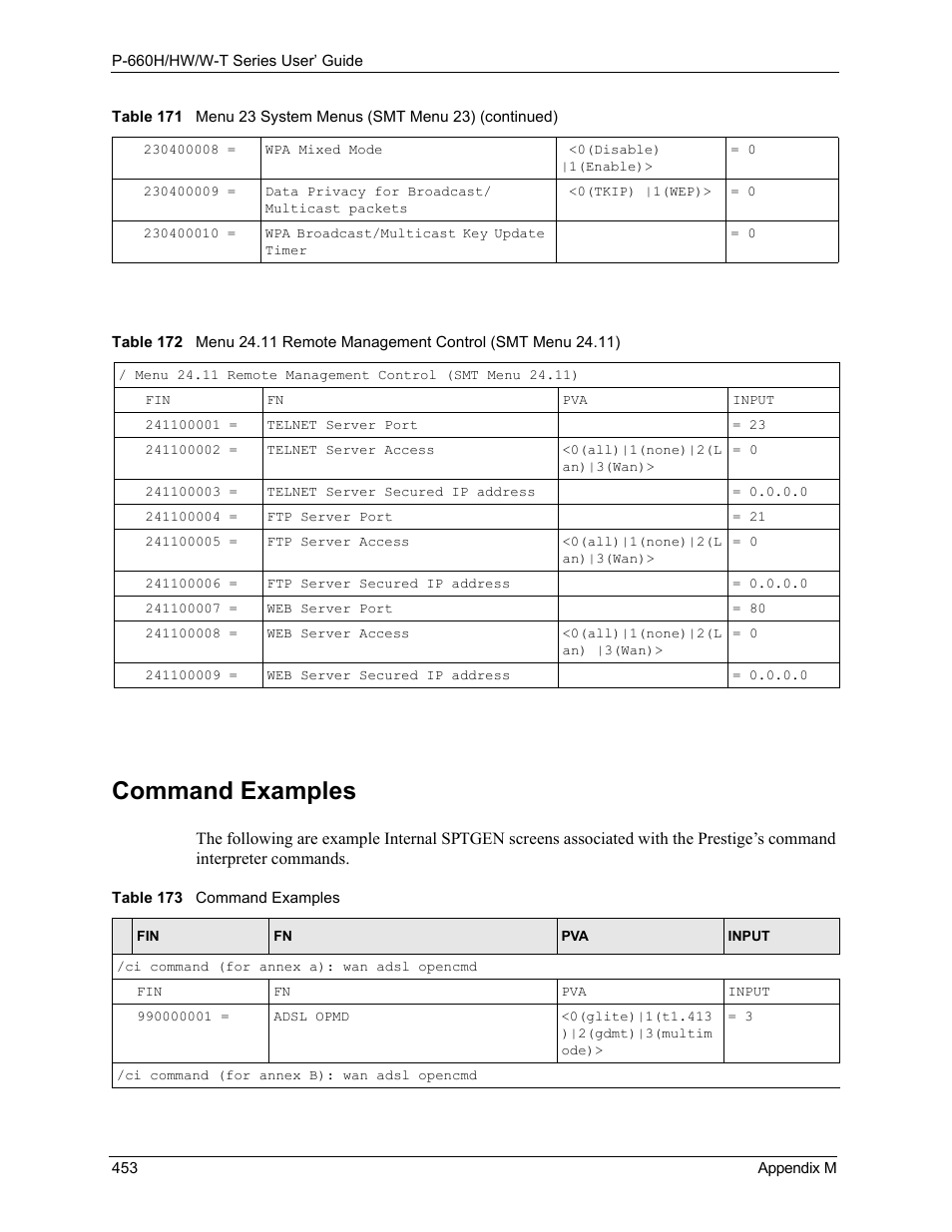 Command examples | ZyXEL Communications ADSL 2+ Gateway P-660HW-T1 User Manual | Page 453 / 465