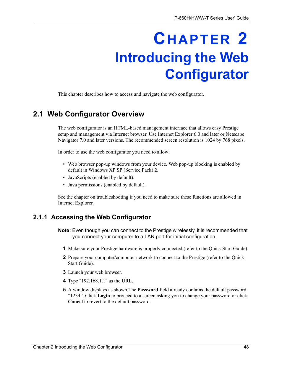 Introducing the web configurator, 1 web configurator overview, 1 accessing the web configurator | Chapter 2 introducing the web configurator | ZyXEL Communications ADSL 2+ Gateway P-660HW-T1 User Manual | Page 48 / 465