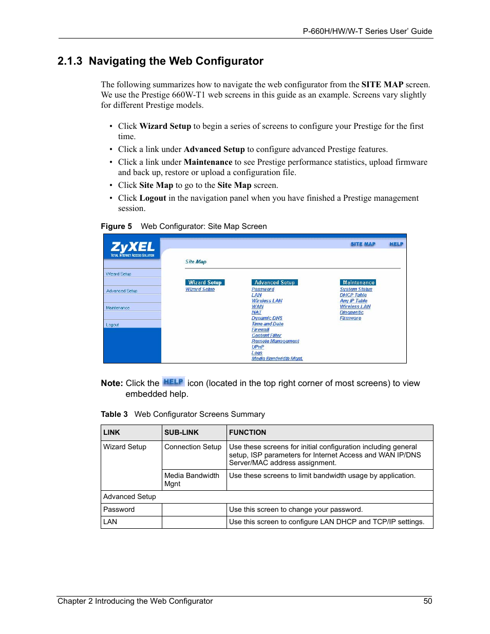 3 navigating the web configurator, Figure 5 web configurator: site map screen, Table 3 web configurator screens summary | ZyXEL Communications ADSL 2+ Gateway P-660HW-T1 User Manual | Page 50 / 465
