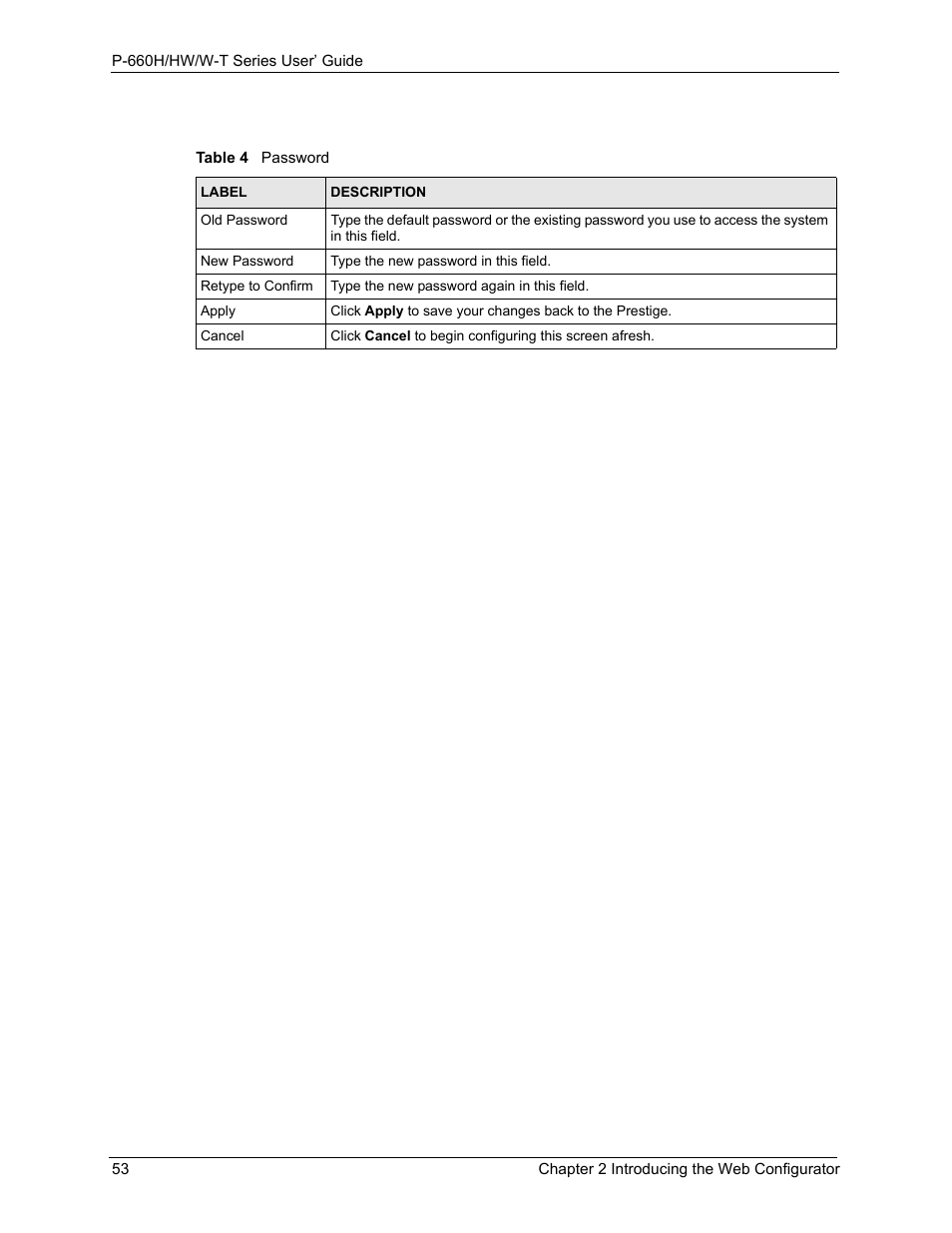 Table 4 password | ZyXEL Communications ADSL 2+ Gateway P-660HW-T1 User Manual | Page 53 / 465