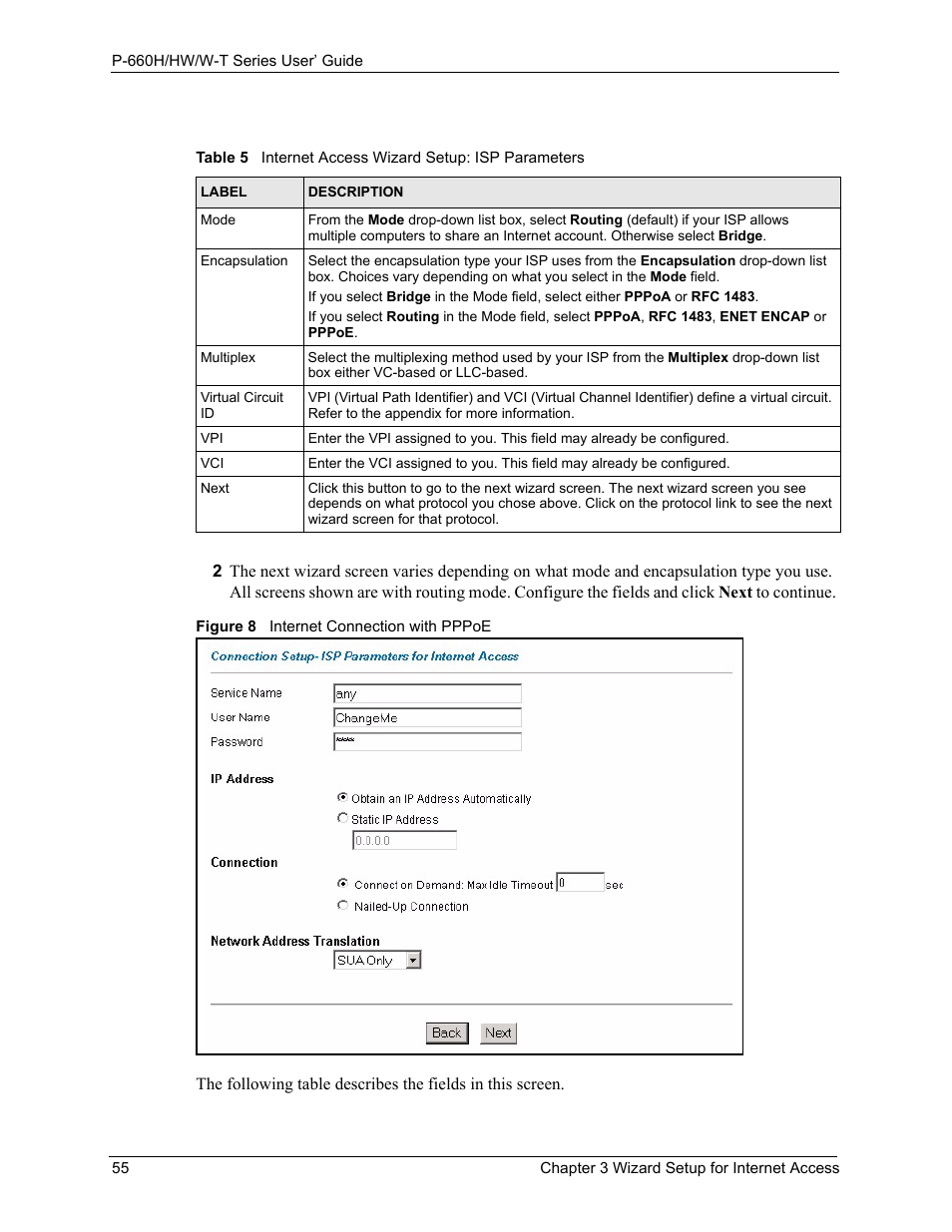 Figure 8 internet connection with pppoe | ZyXEL Communications ADSL 2+ Gateway P-660HW-T1 User Manual | Page 55 / 465