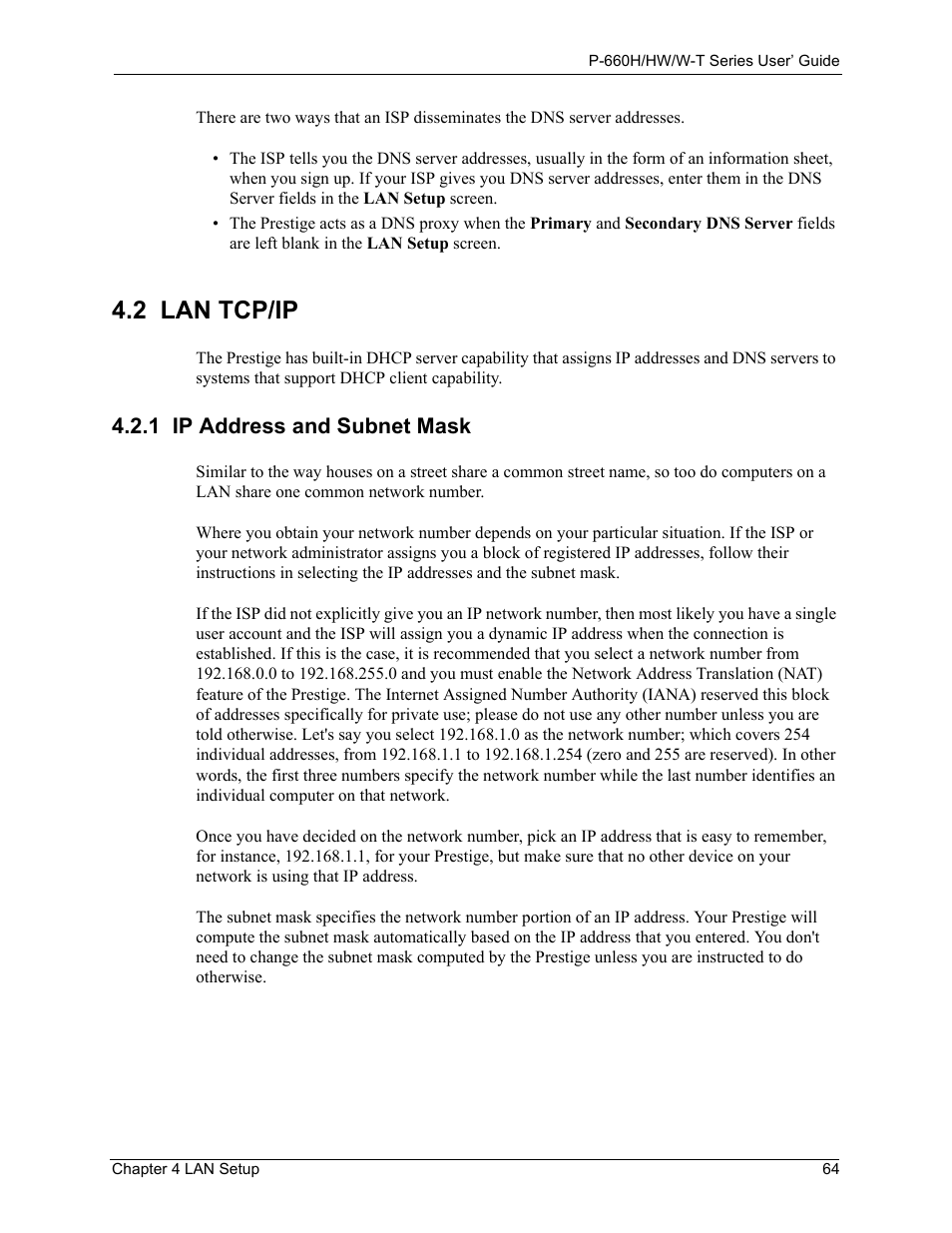 2 lan tcp/ip, 1 ip address and subnet mask | ZyXEL Communications ADSL 2+ Gateway P-660HW-T1 User Manual | Page 64 / 465