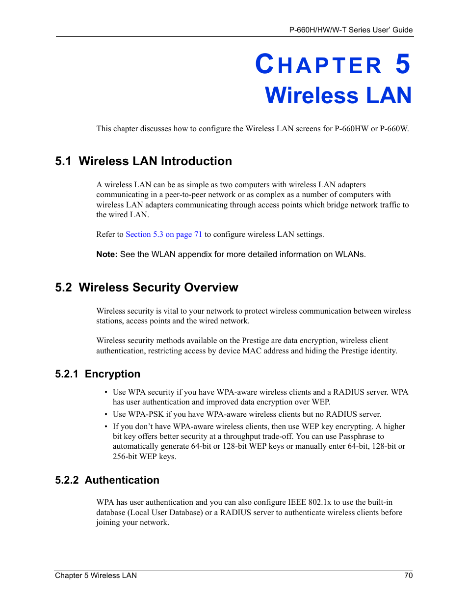 Wireless lan, 2 wireless security overview, 1 encryption | 2 authentication, Chapter 5 wireless lan, 1 encryption 5.2.2 authentication | ZyXEL Communications ADSL 2+ Gateway P-660HW-T1 User Manual | Page 70 / 465
