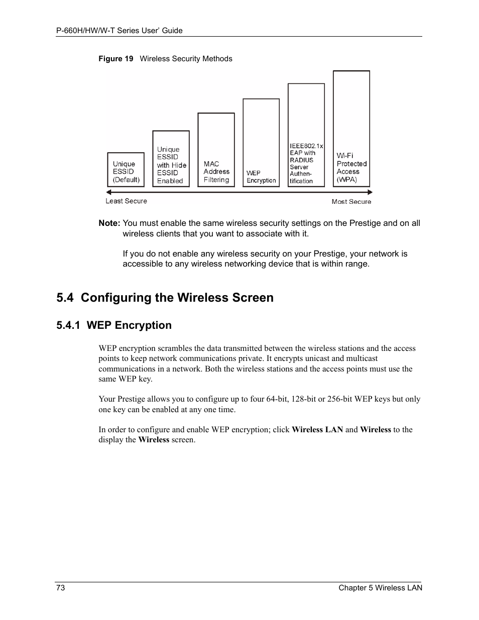 1 wep encryption, 4 configuring the wireless screen, Figure 19 wireless security methods | ZyXEL Communications ADSL 2+ Gateway P-660HW-T1 User Manual | Page 73 / 465