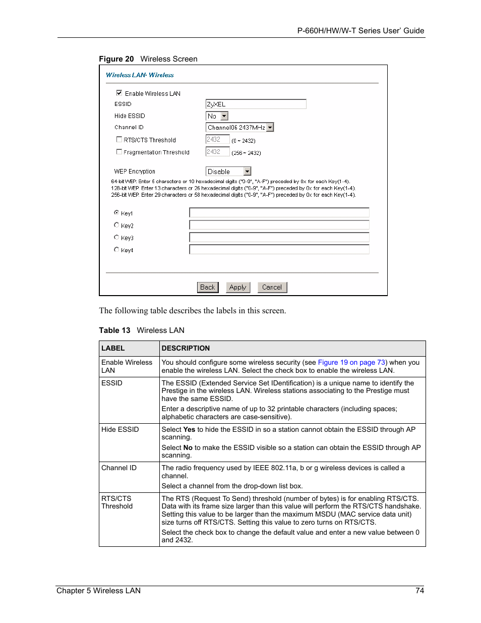 Figure 20 wireless screen, Table 13 wireless lan | ZyXEL Communications ADSL 2+ Gateway P-660HW-T1 User Manual | Page 74 / 465