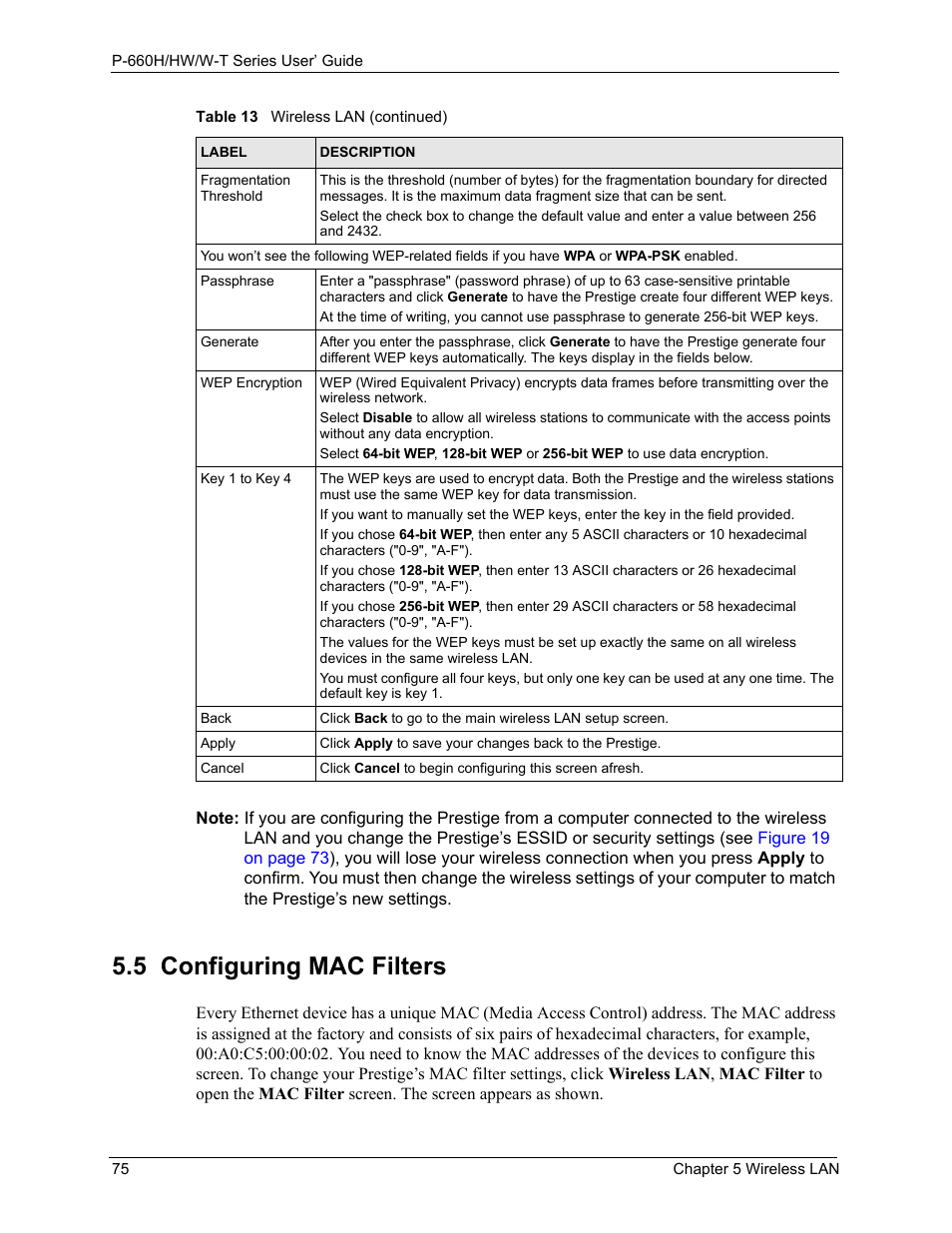 5 configuring mac filters | ZyXEL Communications ADSL 2+ Gateway P-660HW-T1 User Manual | Page 75 / 465