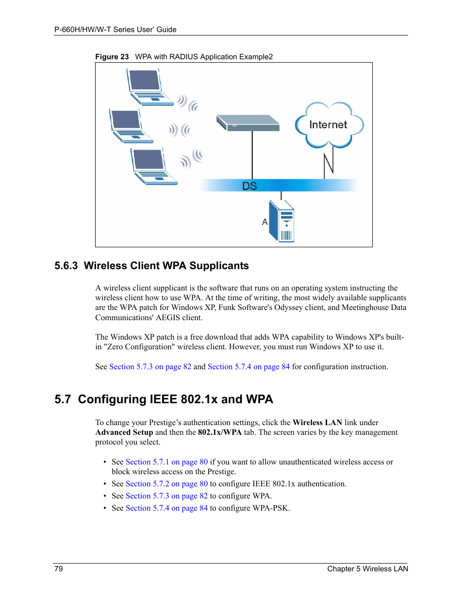 3 wireless client wpa supplicants, 7 configuring ieee 802.1x and wpa, Figure 23 wpa with radius application example2 | ZyXEL Communications ADSL 2+ Gateway P-660HW-T1 User Manual | Page 79 / 465