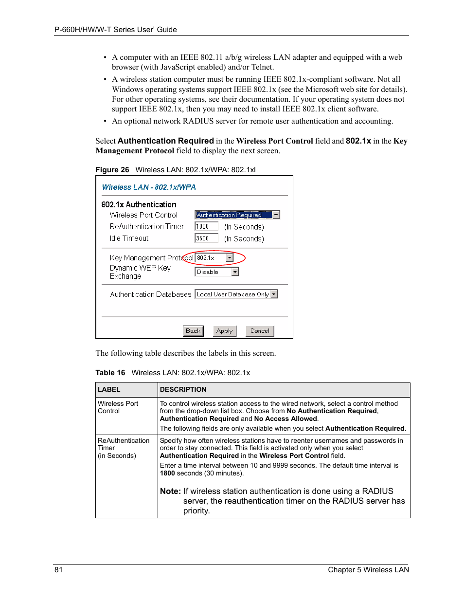 Figure 26 wireless lan: 802.1x/wpa: 802.1xl, Table 16 wireless lan: 802.1x/wpa: 802.1x | ZyXEL Communications ADSL 2+ Gateway P-660HW-T1 User Manual | Page 81 / 465