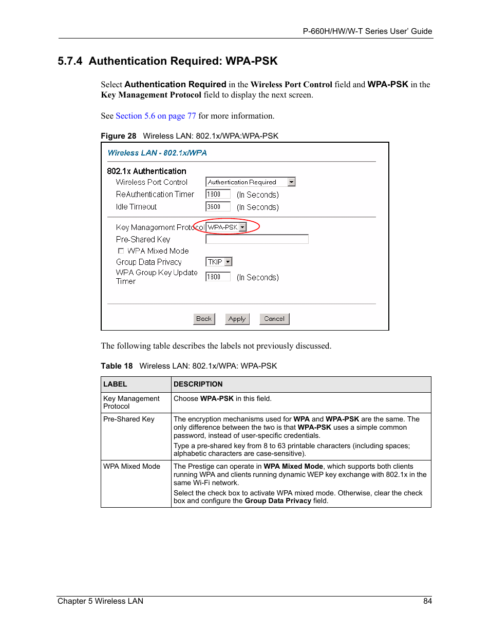 4 authentication required: wpa-psk, Figure 28 wireless lan: 802.1x/wpa:wpa-psk, Table 18 wireless lan: 802.1x/wpa: wpa-psk | ZyXEL Communications ADSL 2+ Gateway P-660HW-T1 User Manual | Page 84 / 465