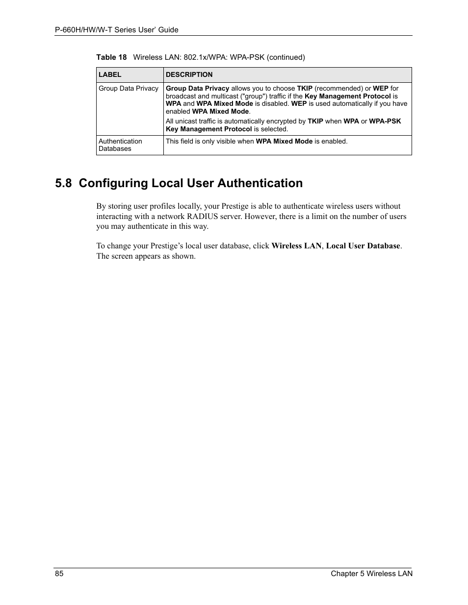 8 configuring local user authentication | ZyXEL Communications ADSL 2+ Gateway P-660HW-T1 User Manual | Page 85 / 465