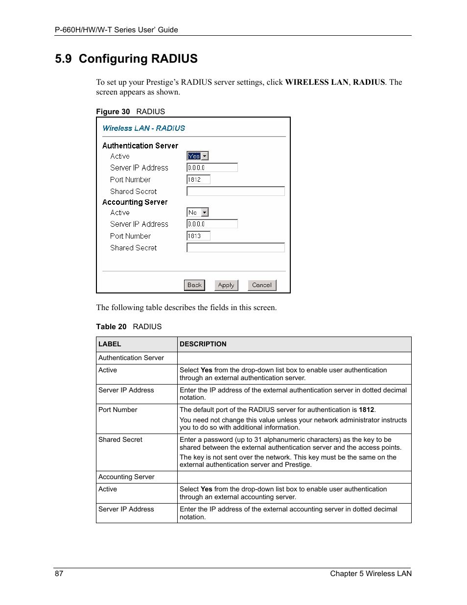 9 configuring radius, Figure 30 radius, Table 20 radius | ZyXEL Communications ADSL 2+ Gateway P-660HW-T1 User Manual | Page 87 / 465