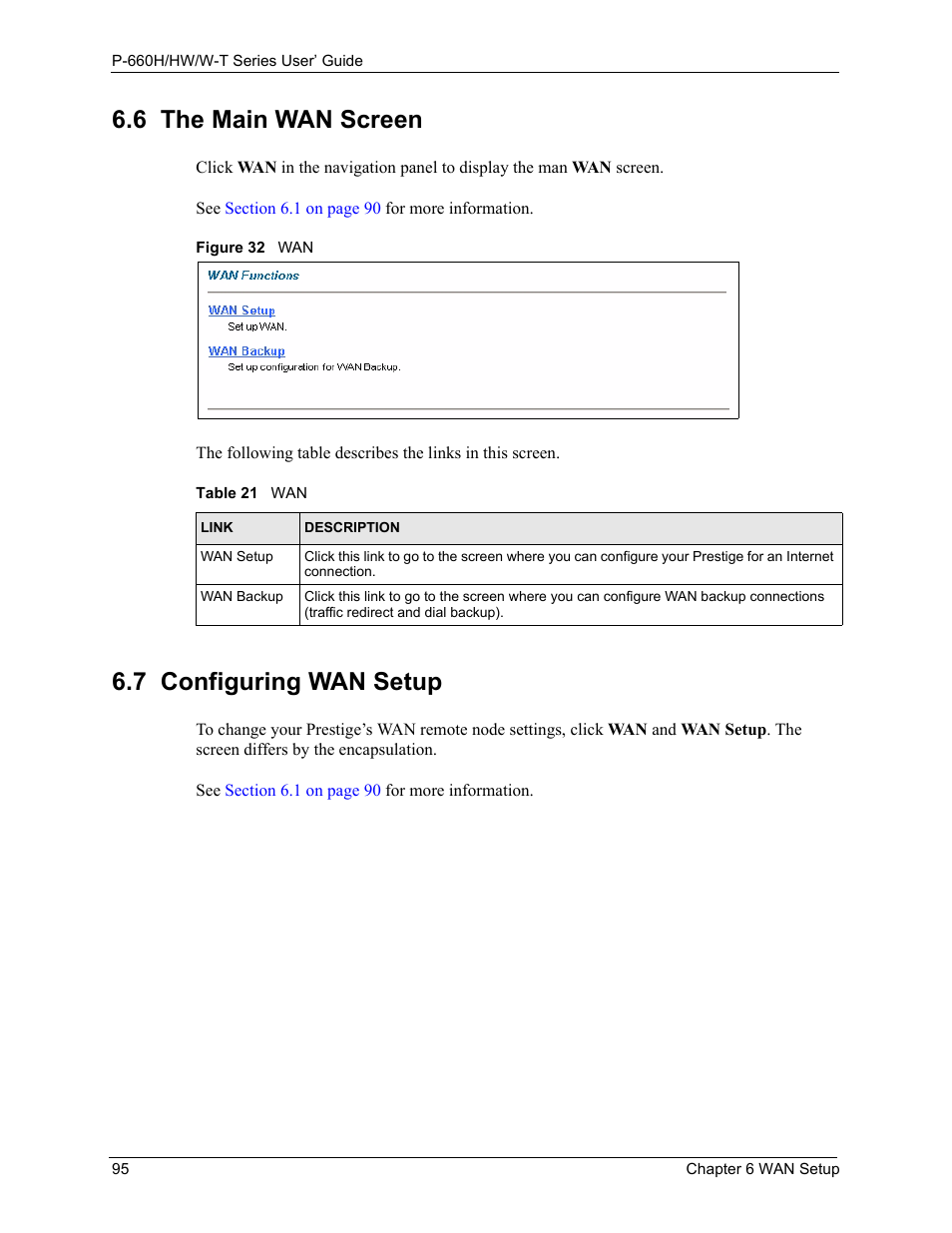 6 the main wan screen 6.7 configuring wan setup, Figure 32 wan, Table 21 wan | 6 the main wan screen, 7 configuring wan setup | ZyXEL Communications ADSL 2+ Gateway P-660HW-T1 User Manual | Page 95 / 465